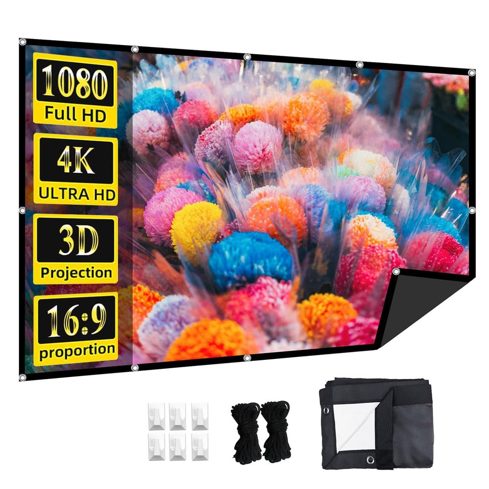60-150 Inch Outdoor Projector Screen, 16: 9 Full HD 3D 4K Wrinkle-Free Portable Washable Movies Screen with Black Backing for Home Cinema, Garden Party(60 in)
