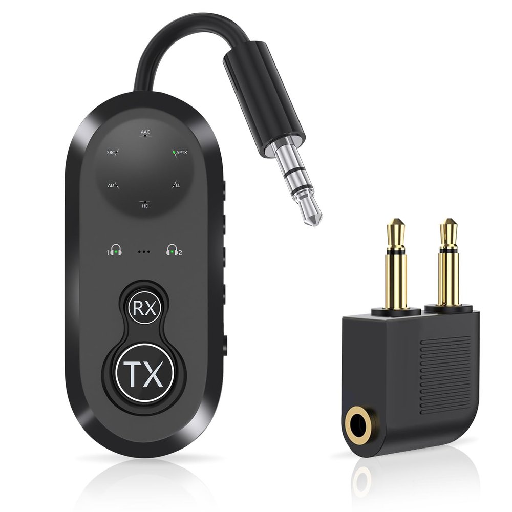 Airplane Bluetooth 5.4 Transmitter & Receiver for 2 AirPods/BT Devices, 3.5mm AUX in-Flight Adapter, Dual Link, aptX Adaptive/LL/HD, No Lip-Sync Lag, Works on Flights/TV/Gym/Car
