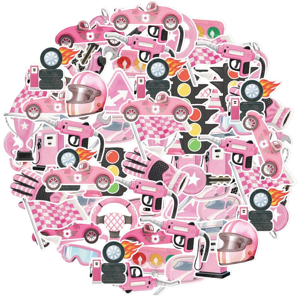 100PCS Racing Car Stickers Pink Race Car Notepads Party Favors Helmet Checkered Flag Steering Wheel Traffic Light Trophy Stop Waterproof Stickers for Kids Racings Prizes School Classroom Party Favors