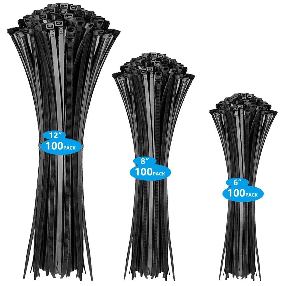 300 Pcs ZipTies, Assorted Sizes (6 Inch + 8 + 12 Inch), Black Self-Locking Nylon Cable Ties For Indoor And Outdoor Use