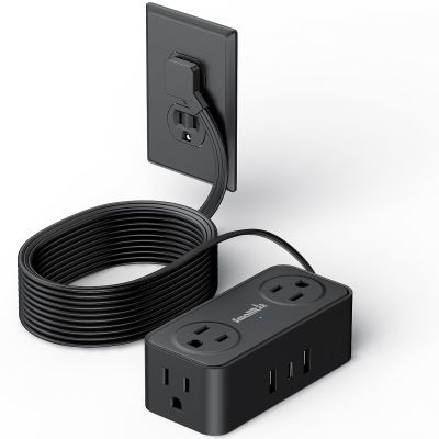 10Ft Power Strip with Surge Protector, 4 Outlets 3 USB Ports Extension Cord, Flat Plug Charging Station for Home Office Desk & College Dorm Essentials, Black