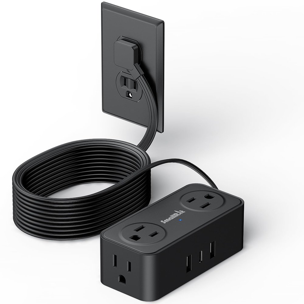 10Ft Power Strip with Surge Protector, 4 Outlets 3 USB Ports Extension Cord, Flat Plug Charging Station for Home Office Desk & College Dorm Essentials, Black