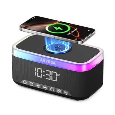 Auvoda S300 Wireless Speaker, 10W Bluetooth Speaker with 15W Wireless Charging, 13-Color Night Light, Alarm, White Noise, FM Radio, Portable, Stereo, TWS, BT5.3, for Home, Office & Bedroom (Black)