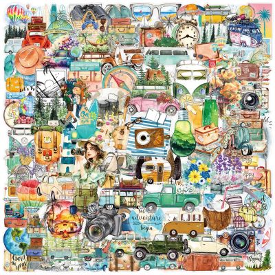 100Pcs Outdoor Travel Stickers Hiking Adventure Camping Transparent Waterproof Sticker Transparent Stickers for Scrapbook, Journals, Stationery, Notebook (Outdoor-100)