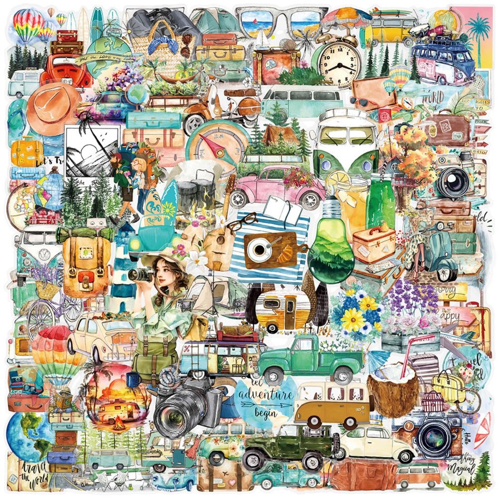 100Pcs Outdoor Travel Stickers Hiking Adventure Camping Transparent Waterproof Sticker Transparent Stickers for Scrapbook, Journals, Stationery, Notebook (Outdoor-100)