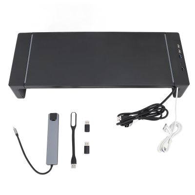 Desktop Stand with 8 in 1 Docking Station, Computer Stand with Phone Holder Drawer, Ergonomic with Fast Charging USB 30. and Type C Ports,