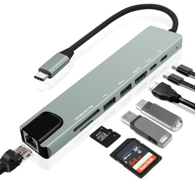 Vrebrey 8-in-1 USB-C Hub, Multi-Port Adapter for Laptops, 4K@60Hz HDMI, 85W Power Delivery, 3X USB-A 3.0 & USB-C Data Ports, SD/TF Card Reader, for Type-C Devices (Charger Not Included)