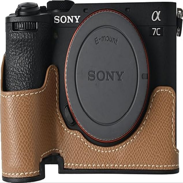 A7C II Case, PU Sanding Leather Camera Bag Bottom Opening Half Body Case Cover Shell for Sony Alpha A7C II with Hand Wrist Strap (Brown)