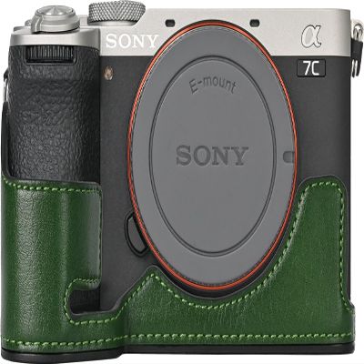 A7C II Case, PU Leather Camera Bag Bottom Opening Half Body Case Cover Shell for Sony Alpha A7C II with Hand Neck Strap Storage Box (Green)