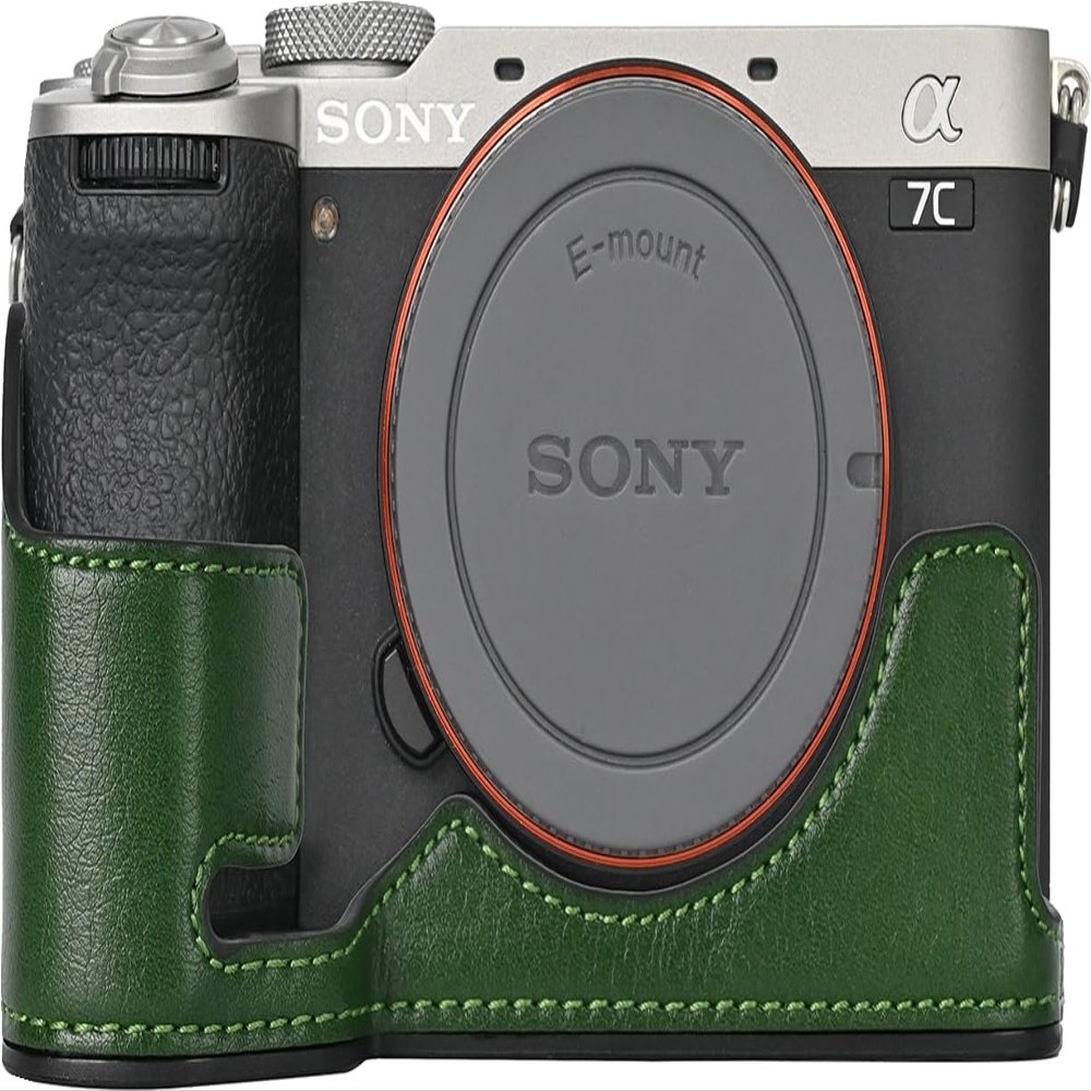 A7C II Case, PU Leather Camera Bag Bottom Opening Half Body Case Cover Shell for Sony Alpha A7C II with Hand Neck Strap Storage Box (Green)