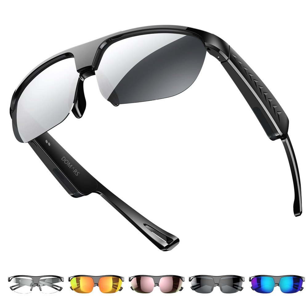 Domars Smart Glasses with Camera & AI Translator (144 Languages), Bluetooth 5.0 Open-Ear Glasses with Speakers, ENC Noise Cancelling, IPX5 Smart Sunglasses for Men/Women, for Cycling Running Travel