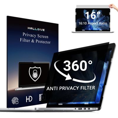 Halloive 4-Way Laptop Privacy Screen Shield 16 Inch 16:10 Aspect, Removable 360 Privacy Filter Screen Protector for 16 Inch Laptop Computer, Anti Glare Blue Light Slide Mount Tabs Cover