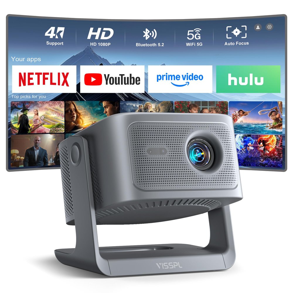 2200ANSI & Officially-Licensed APPSmart 4K Projector with WiFi and Bluetooth, VISSPL 3D Dolby Audio and Auto Focus Portable Outdoor Projector, Movie Home Theater Proyector with 360 Adjustable Stand