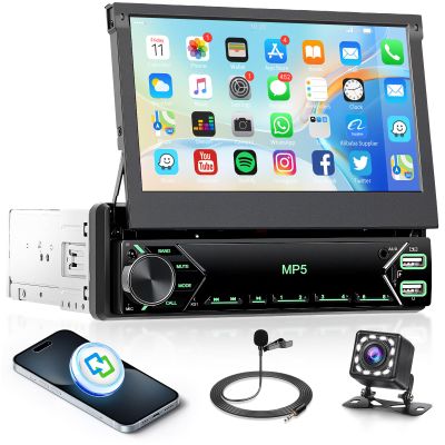 7 Inch Flip Out Touchscreen Car Stereo-Single DIN with Bluetooth 5.0, Mirror Link, Backup Camera & Type-C Fast Charging | Compatible with Most Vehicles