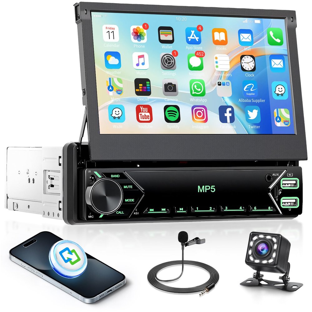 7 Inch Flip Out Touchscreen Car Stereo-Single DIN with Bluetooth 5.0, Mirror Link, Backup Camera & Type-C Fast Charging | Compatible with Most Vehicles