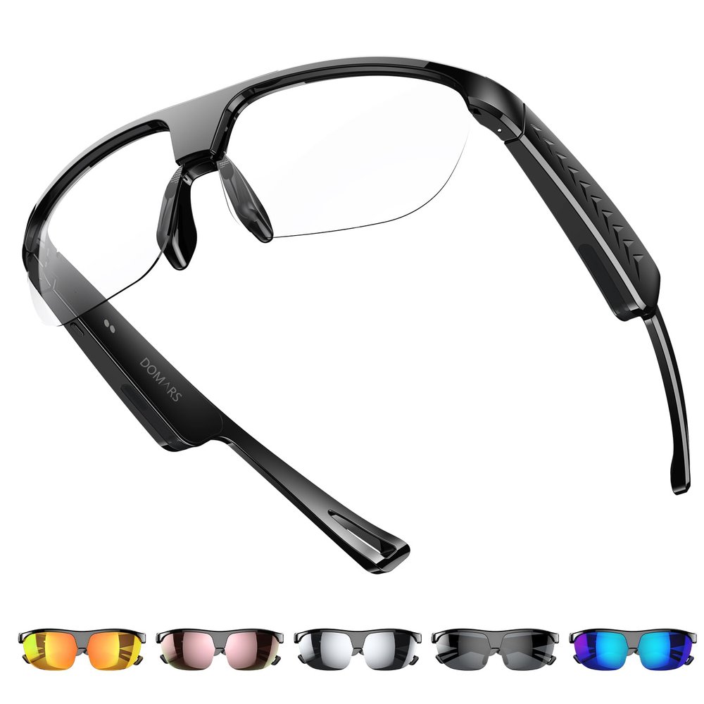 Domars Smart Glasses with Camera & AI Translator (144 Languages), Bluetooth 5.0 Open-Ear Glasses with Speakers, ENC Noise Cancelling, IPX5 Smart Sunglasses for Men/Women, for Cycling Running Travel