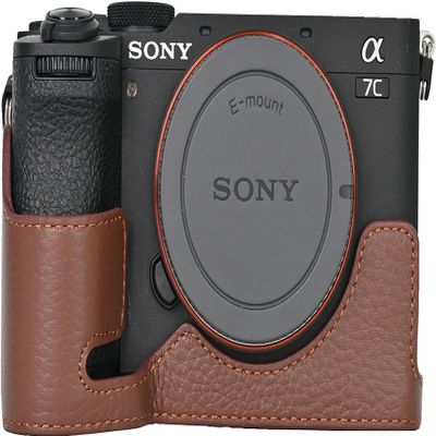 A7C II Case, Genuine Leather Camera Case Bottom Opening Body Half Base Cover for Sony Alpha A7C II with Hand Wrist Strap (Coffee)