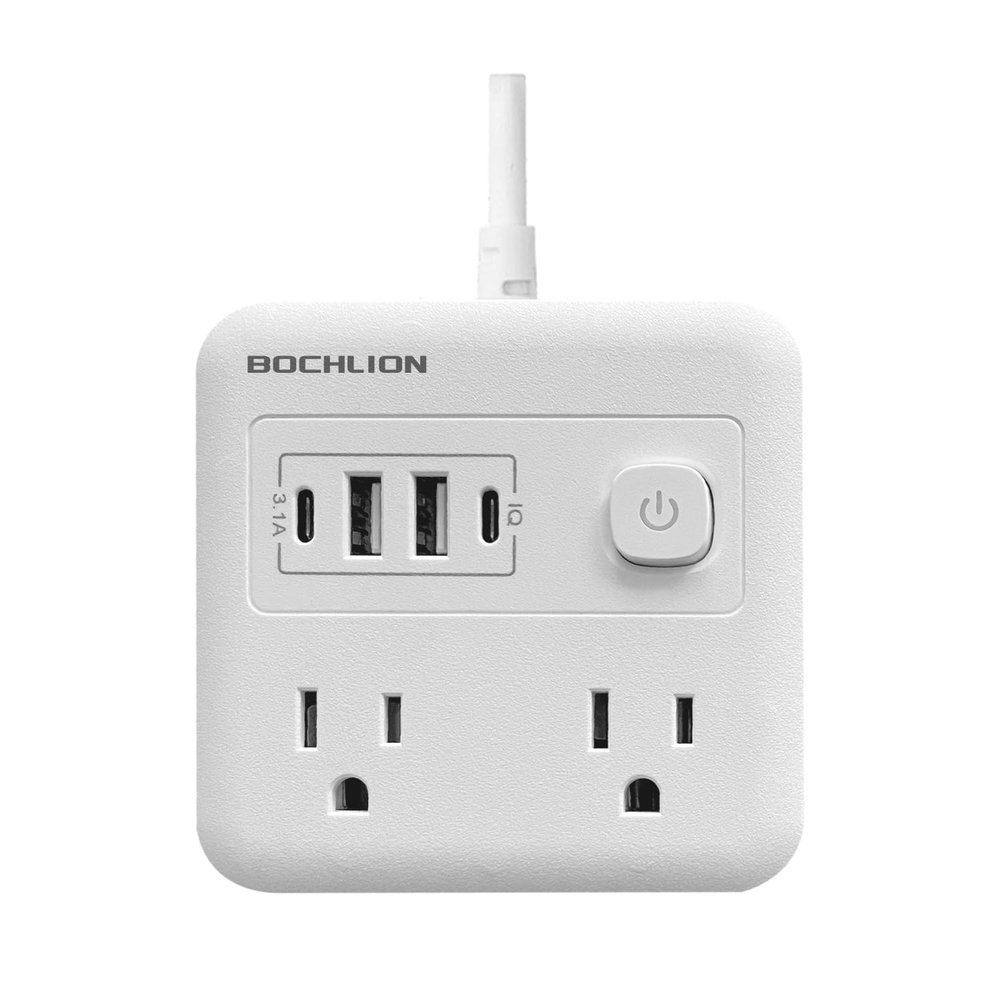 Bochlion Flat Plug Surge Protector Power Board, 1.8m Extension Cable, with 4 USB Wall Chargers, 4 Wide Sockets, Suitable for Travel, Office, Dormitory (White)