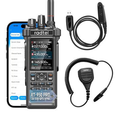 Radtel RT-950 PRO Ham Radio 27Mhz TX GPS/APRS, 10W Walkie Talkie Long Range Handheld Two Way Radio, AM/FM/CB/SW/MW/LW RX, Bluetooth APP Programming, NOAA (with Programming CableMicrophone)