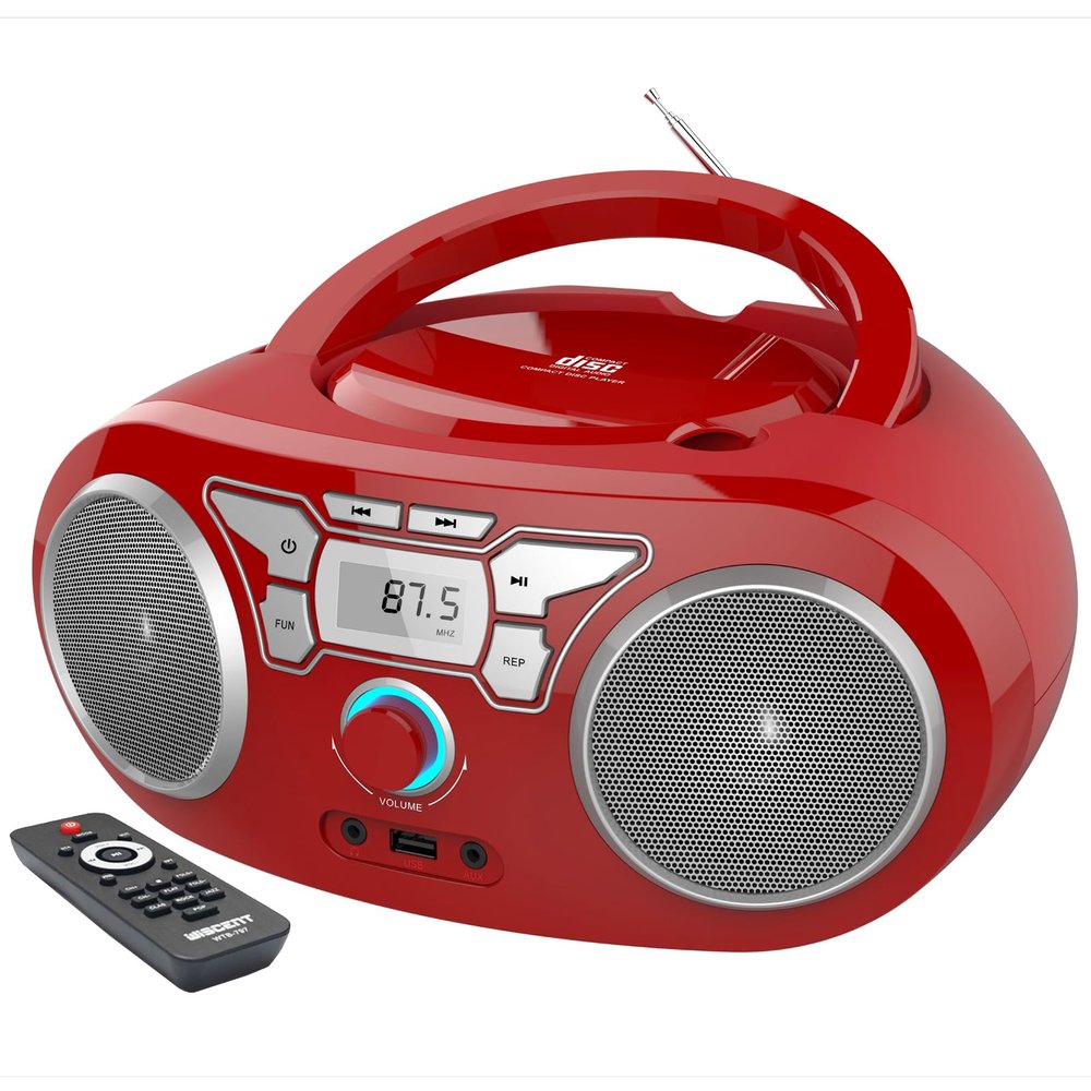 Portable CD Player Boombox with Bluetooth, FM Radio, USB Input, 3.5mm AUX and Headphone Jack, Clear Stereo Sound