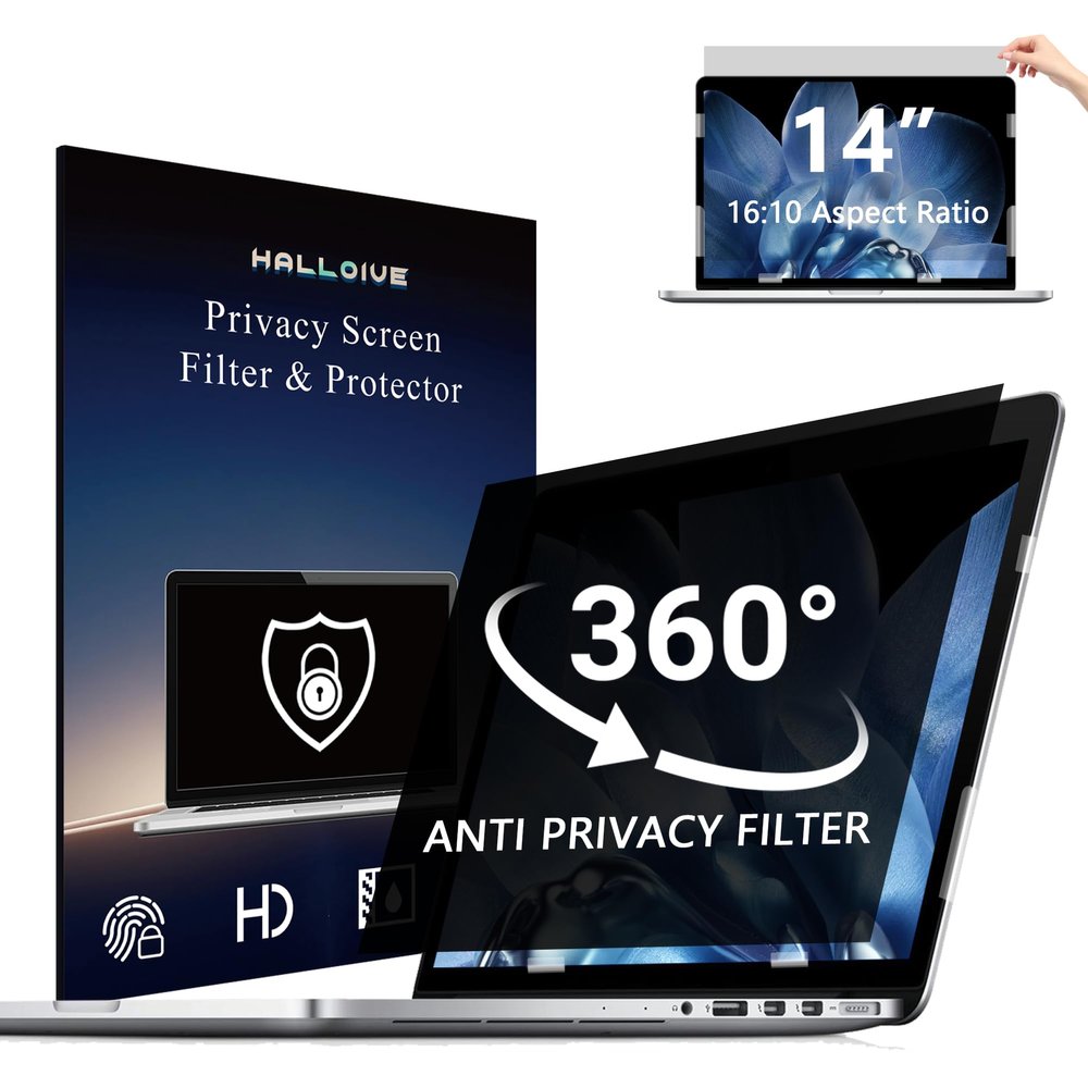 4-Way Laptop Privacy Screen Shield 14 Inch 16:10 Aspect, Removable 360 Privacy Filter Screen Protector for 14 Inch Laptop Computer, Anti Glare Blue Light Slide Mount Tabs Cover