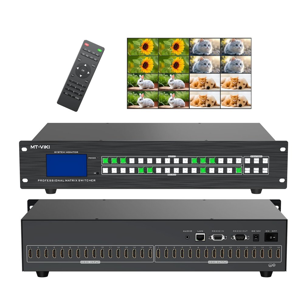4K HDMI Matrix 16x16 w/Web & AUX Audio Output, MT-VIKI Matrix Switcher Support LAN/RS232/IR/APP Switch, Fit 2U Rackmount Rack (16 in 16 Out)