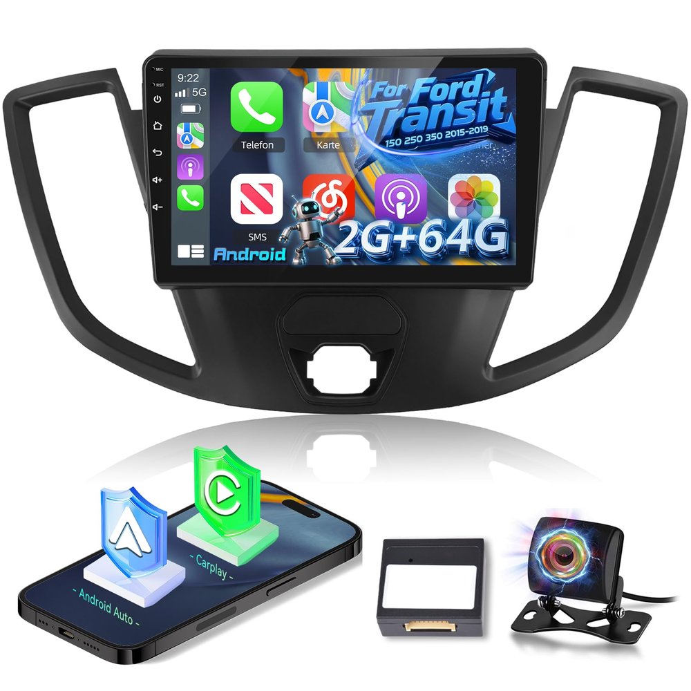 Volxcereo [2+64] Car Radio for Ford Transit 150 250 350 2015-2019, 9 inch Android Touchscreen Stereo with Carplay & Android Auto, GPS, WiFi, Bluetooth, SWC, Rear Camera, FM/RDS