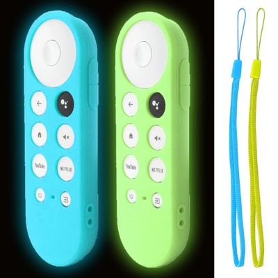 2 Pack Glow Remote Case Compatible with Chromecast with Google TV 4K 2020 / HD 2022 Voice Remote - TOKERSE Lightweight Anti-Slip Shockproof Silicone Cover with Lanyard Glow in The Dark - Blue Green
