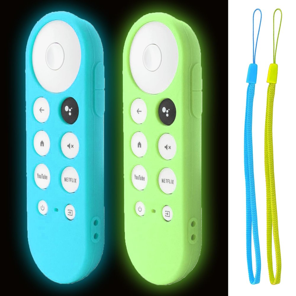 2 Pack Glow Remote Case Compatible with Chromecast with Google TV 4K 2020 / HD 2022 Voice Remote - TOKERSE Lightweight Anti-Slip Shockproof Silicone Cover with Lanyard Glow in The Dark - Blue Green
