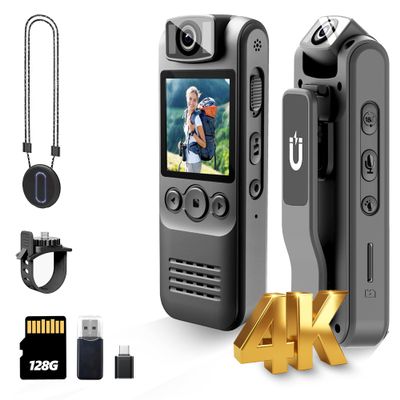 DayDateUp 4K 128GB Body Camera, Audio and Video Recording, with Magnetic Back Clip&Bike Mount, 180Rotating Lens, Wearable Portable Bodycam for Outdoor/Sports/Security/Police