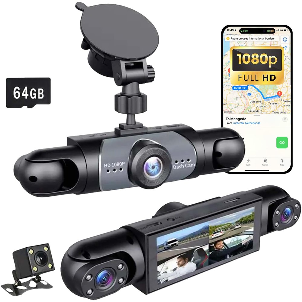 360 4 Channel Full HD Dash Cam for Cars: Front, Rear, Left, Right Lens System with Night Vision, Parking Mode, Loop Recording & Included 64GB Card