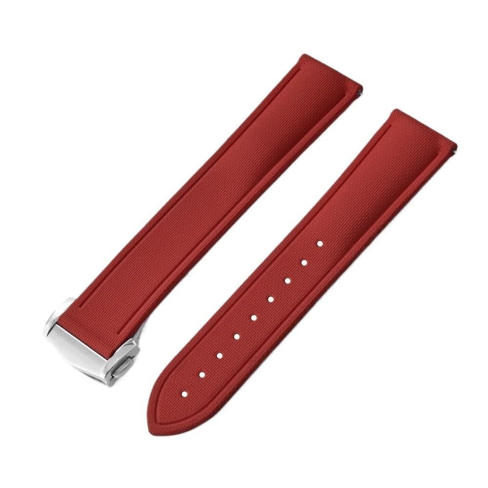 20/21/22mm Universal Quick Release FKM Rubber Folding Buckle Watch Strap Fit For Cartier Tank Santos/Omega/Swatch/Rolex(Red With Buckle,21mm)