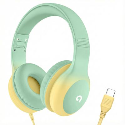 ADOOPE Wired Kids Headphones with USB C Plug, 85dB Safe Volume, Adjustable Headband, Tangle-Free Cord Headphones for School, Tablet, Travel (Mint Green & Cream Yellow, Without Microphone)