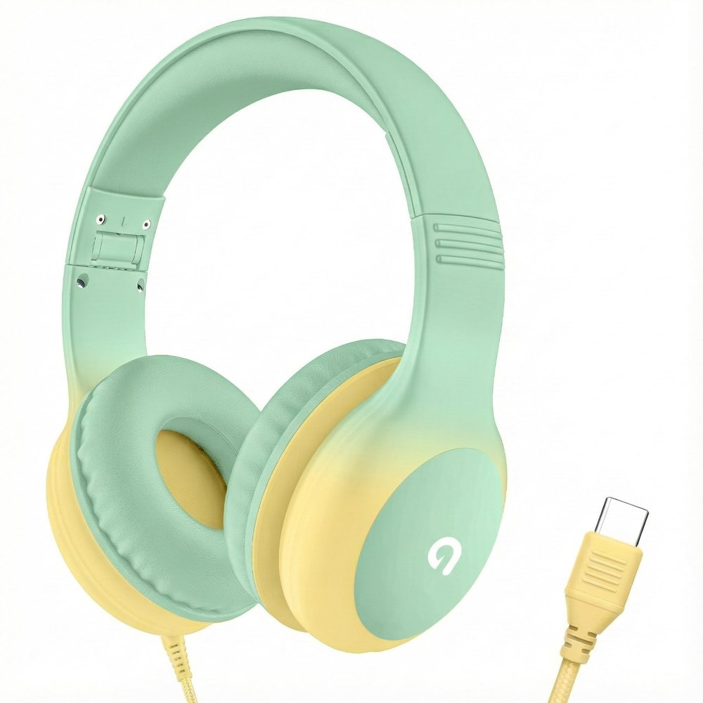 ADOOPE Wired Kids Headphones with USB C Plug, 85dB Safe Volume, Adjustable Headband, Tangle-Free Cord Headphones for School, Tablet, Travel (Mint Green & Cream Yellow, Without Microphone)