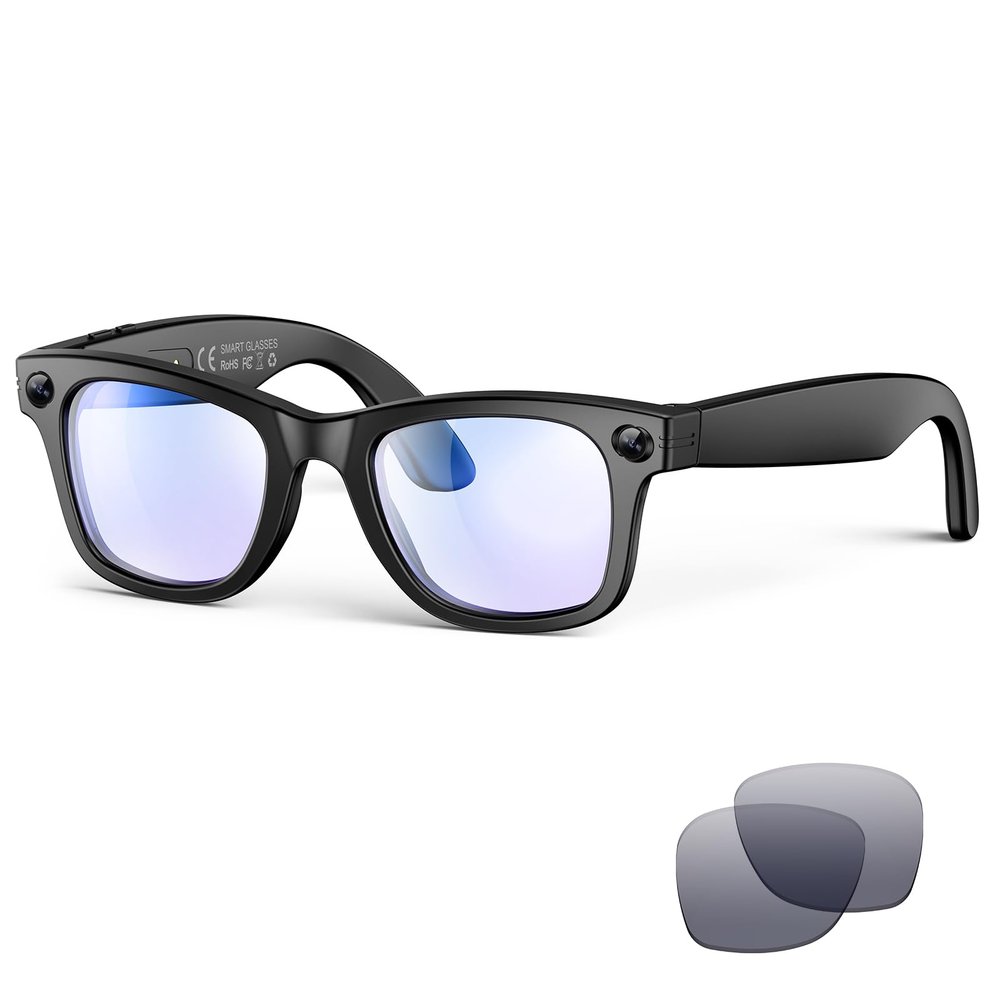 AI Smart Glasses with Camera and Bluetooth,8MP 2K HD Camera Glasses,AI Voice Control,AI Photo Recognition and Translation,Smart Anti-Blue Light Glasses,IP67 Waterproof for Driving,Outdoor,+2 Lenses.