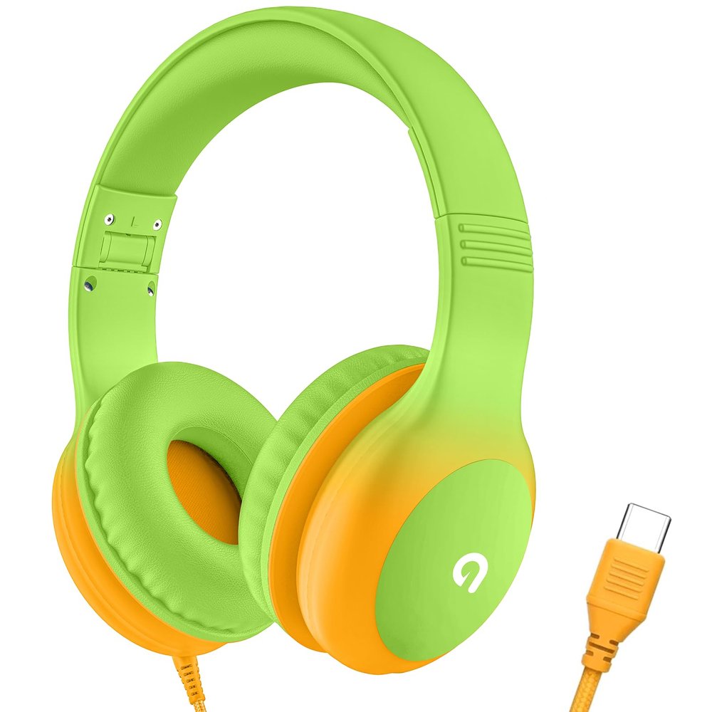 ADOOPE Wired Kids Headphones with USB C Plug, 85dB Safe Volume, Adjustable Headband, Tangle-Free Cord Headphones for School, Tablet, Travel (Lime Green & Orange, Without Microphone)
