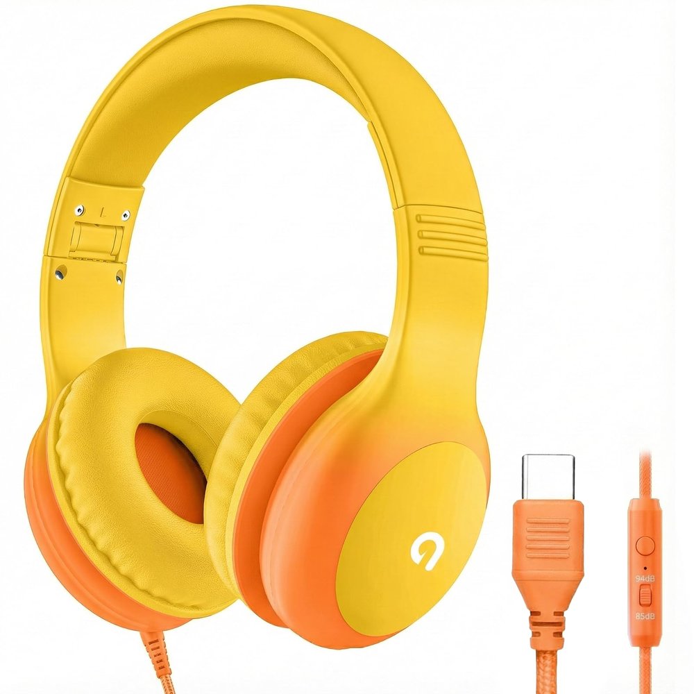 ADOOPE Wired Kids Headphones with USB C Plug, 85dB Safe Volume, Adjustable Headband, Tangle-Free Cord Headphones for School, Tablet, Travel (Yellow & Orange, with Microphone)