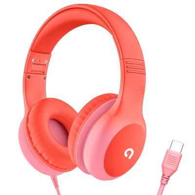 ADOOPE Wired Kids Headphones with USB C Plug, 85dB Safe Volume, Adjustable Headband, Tangle-Free Cord Headphones for School, Tablet, Travel (Coral Red & Soft Peach, Without Microphone)