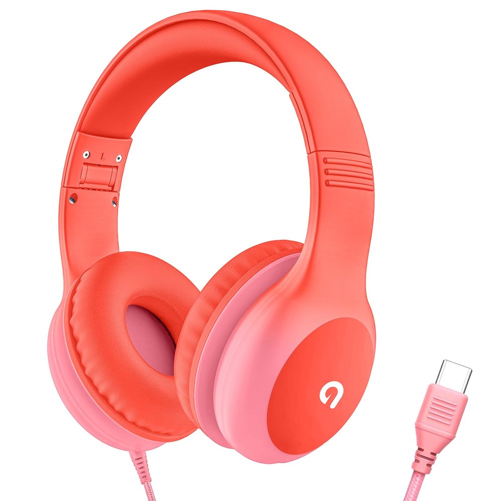 ADOOPE Wired Kids Headphones with USB C Plug, 85dB Safe Volume, Adjustable Headband, Tangle-Free Cord Headphones for School, Tablet, Travel (Coral Red & Soft Peach, Without Microphone)