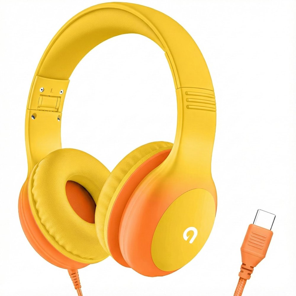 ADOOPE Wired Kids Headphones with USB C Plug, 85dB Safe Volume, Adjustable Headband, Tangle-Free Cord Headphones for School, Tablet, Travel (Yellow & Orange, Without Microphone)