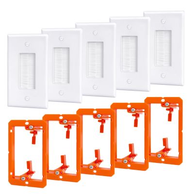 5 Pack Brush Wall Plate with Low Voltage Mounting Bracket, Cable Pass Through In-Wall Management for TV/HDMI/Coax/Speaker/Ethernet Cable (Single Gang White)