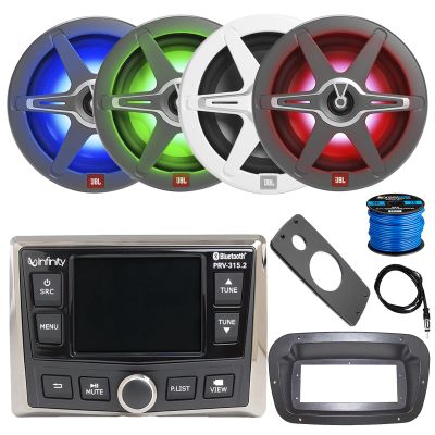 Marine Gauge Style Bluetooth AM/FM/WB Stereo Receiver w/SPA Bezel, Adapter Plate, 4X 8 450 Watt 2-Way Multicolor LED Audio Speakers, Antenna, Wire