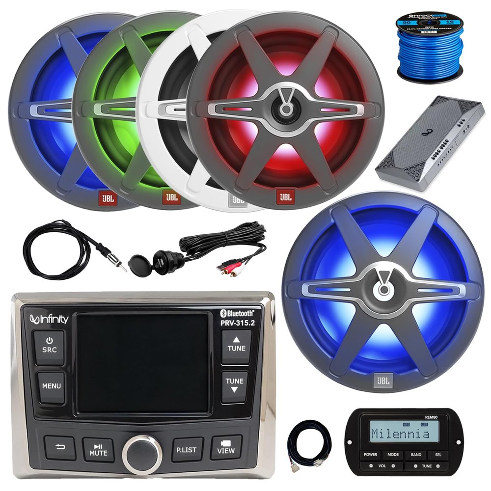 Marine Gauge Style Bluetooth AM/FM/WB Stereo Receiver w/Remote, Extension, 4X 8 450W Multicolor LED Speakers, 12" LED Subwoofer, 4-Channel Amplifier, USB Adapter, Antenna, Wire