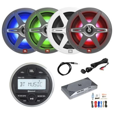 Marine Gauge Style USB Bluetooth AM/FM Digital Stereo Receiver, 4X 8 500 Watt Multicolor LED Speakers, 4-Channel Amplifier w/Install Kit, USB Adapter, Antenna