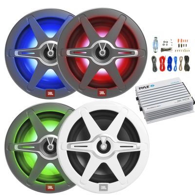 2 Pair (Qty 4) of 8" 450 Watt Peak Power 2-Way High-Perfomance Marine Multicolor LED Audio Speakers w/White and Gray Grilles with 4-Channel Bluetooth Amplifier w/Wiring Install Kit