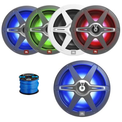 2 Pair (Qty 4) of 8" 450 Watt Peak Power 2-Way High-Perfomance Marine Multicolor LED Audio Speakers w/White and Gray Grilles, 12" LED Subwoofer, 16 Gauge 50 ft Speaker Wire