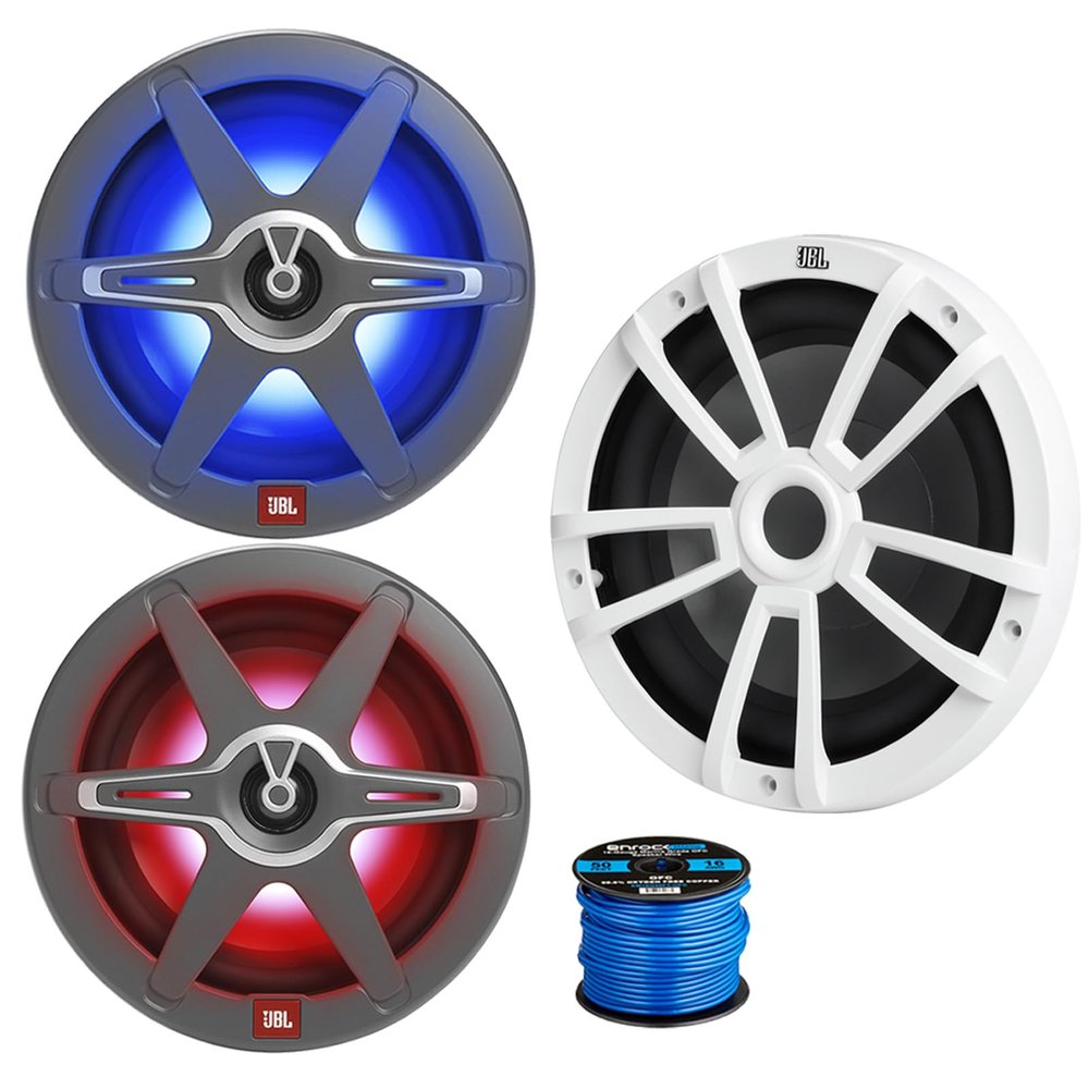 8" 450 Watt Peak Power 2-Way High-Perfomance Marine Multicolor LED Audio Speakers w/White and Gray Grilles (Pair), 10" White Subwoofer, 16 Gauge 50 ft Speaker Wire