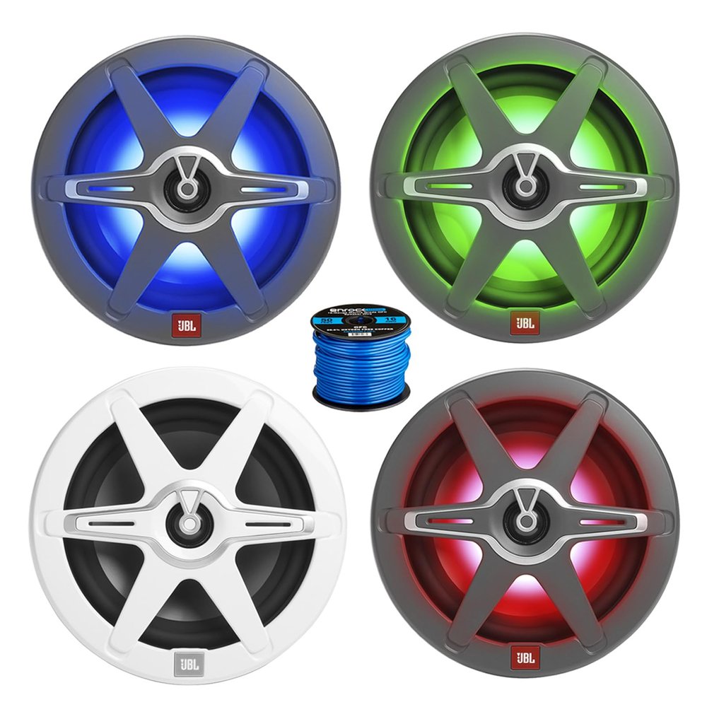 2 Pair (Qty 4) of 8" 450 Watt Peak Power 2-Way High-Perfomance Marine Multicolor LED Audio Speakers w/White and Gray Grilles, 16 Gauge 50 ft Speaker Wire