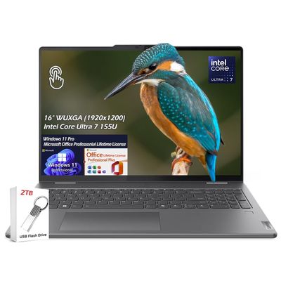 Lenovo Yoga 7i 2-in-1 16" 2K Touch Laptop, Intel Core Ultra 7 155U, 16GB LPDDR5X 2TB SSD, Wi-Fi6E, Fingerprint, Backlit KB, Win11Pro Office Lifetime License, Storm Grey, w/2TB USB Drive, W/GaLiMu