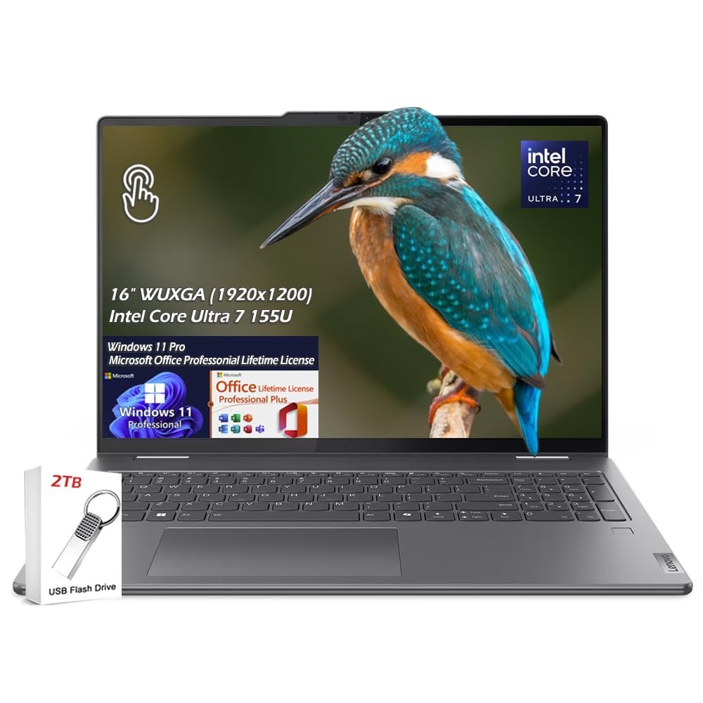 Lenovo Yoga 7i 2-in-1 16" 2K Touch Laptop, Intel Core Ultra 7 155U, 16GB LPDDR5X 2TB SSD, Wi-Fi6E, Fingerprint, Backlit KB, Win11Pro Office Lifetime License, Storm Grey, w/2TB USB Drive, W/GaLiMu